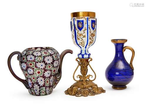 A BOHEMIAN GLASS GOBLET, TEAPOT & SCENT BOTTLE