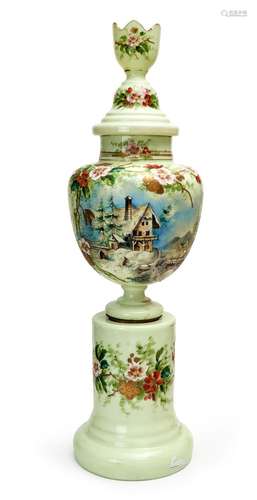 A LARGE FLORAL OPALINE LIDDED VASE, 19TH CENTURY, FRANCE