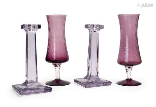 A PAIR OF VIOLET CANDLESTICKS & A PAIR OF GOBLETS