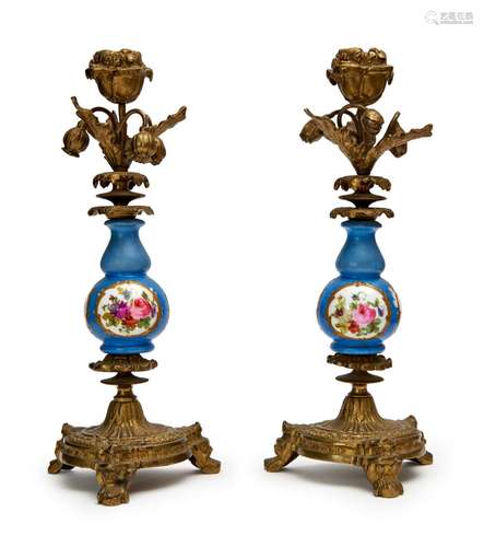 A PAIR OF FRENCH PORCELAIN BRONZE MOUNTED CANDLESTICKS, PROB...