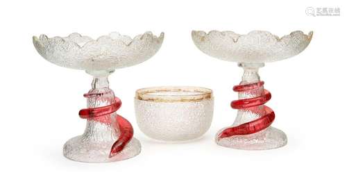 A PAIR OF FROSTED BOHEMIAN SERPENT TAZZA\'S & A BOWL, 19...