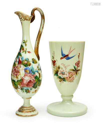 A HAND PAINTED OPALINE JAR & EWER, 19TH CENTURY