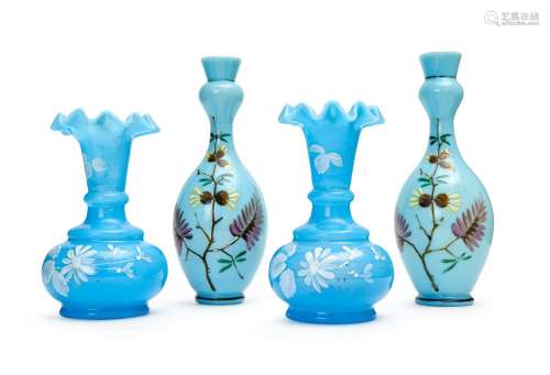 TWO PAIRS OF FLORAL OPALINE VASES, FRENCH