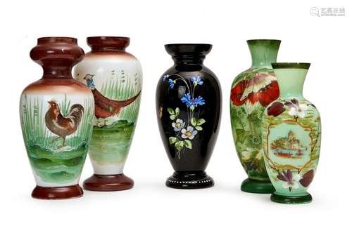 FIVE HAND PAINTED OPALINE VASES, 19TH CENTURY, FRANCE