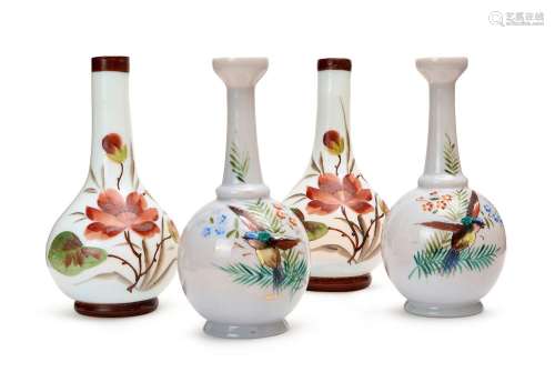 TWO PAIRS OF FLORAL OPALINE VASES, 19TH CENTURY, FRANCE