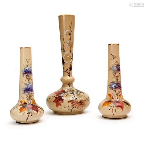 THREE OPALINE HAND PAINTED VASES, 19TH CENTURY