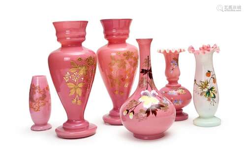 ASSORTMENT OF PINK OPALINE VASES