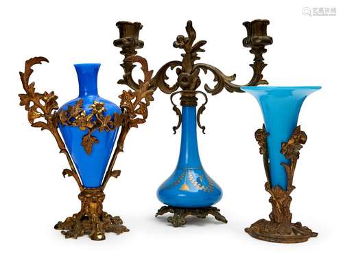 THREE BOHEMIAN GLASS VASES ON GILT BRONZE MOUNTS, 19TH CENTU...