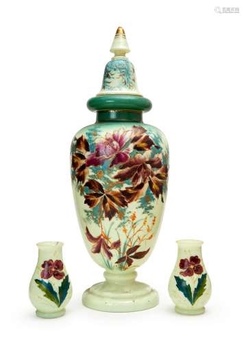 A FLORAL LIDDED OPALINE VASE, WITH TWO FLORAL JARS, 19TH CEN...