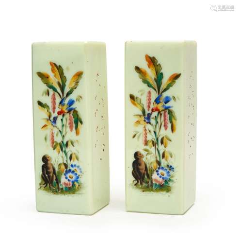 A PAIR OF FLORAL OPALINE SQUARE FORM VASES, 19TH CENTURY