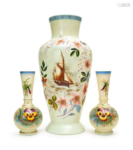 THREE FLORAL OPALINE VASES, 19TH CENTURY