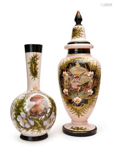 TWO OPALINE HANDPAINTED VASES, 19TH CENTURY, FRANCE