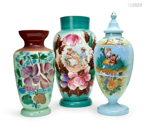 THREE FLORAL OPALINE VASES, 19TH CENTURY