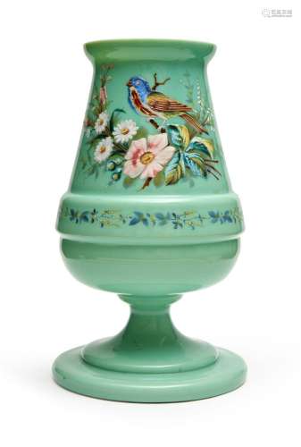 A HAND PAINTED FLORAL OPALINE VASE, 19TH CENTURY