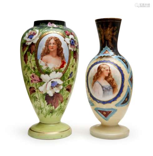 TWO FLORAL OPALINE VASES, 19TH CENTURY