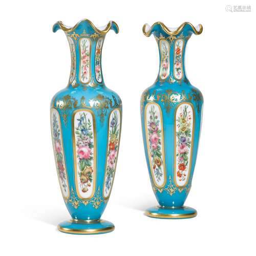 A PAIR OF BLUE & WHITE OVERLAY BOHEMIAN GLASS VASES, 19T...