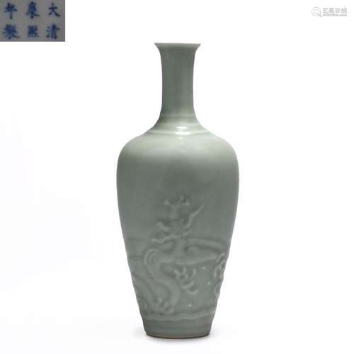 Qing Dynasty Kangxi period sky blue glaze dark carved dragon...