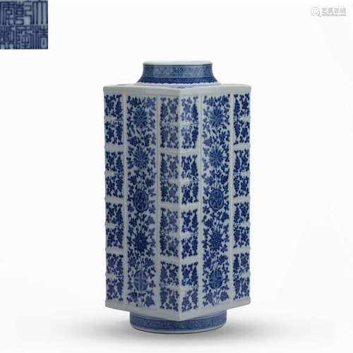 Blue and white porcelain square vase from the Qianlong perio...