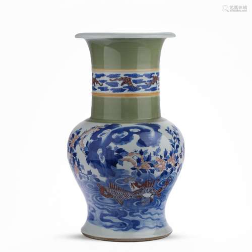 Mid-qing Dynasty blue and white porcelain glaze red carp pat...