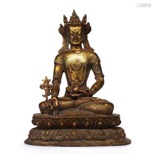 Ming Dynasty gilt bronze carved medicine Master Buddha Statu...