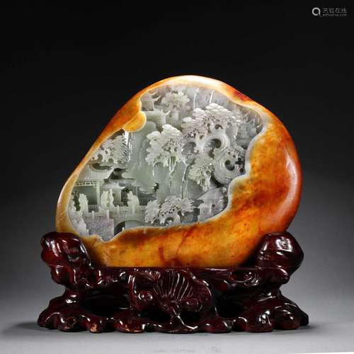 Hetian jade carving pavilions original seed leather ornament...