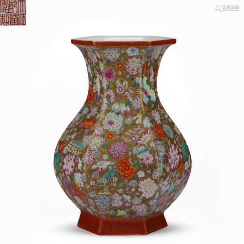 Qing Dynasty Qianlong period traced gold flower hexagonal va...