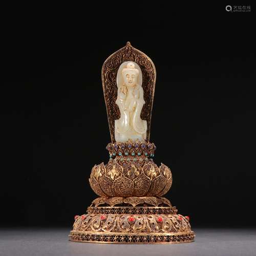 Silver Gilt Inlaid Hetian Jade Guanyin Ornament