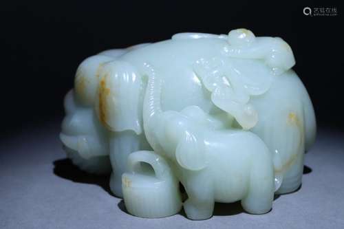 Hetian Jade Boy Washing Elephant and Mother Elephant Ornamen...