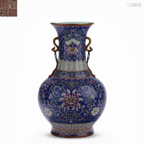 Vase with pastel floral pattern painted with gold binaural i...