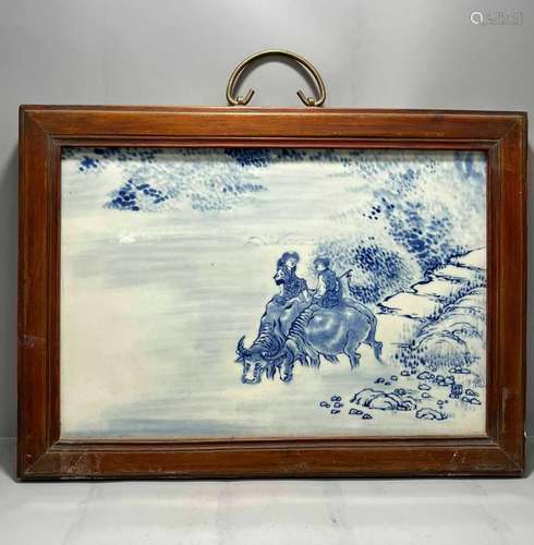 Wang BuBlue and white boy riding a bull porcelain plate pain...