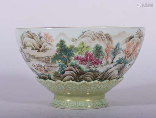 Bean Green Glaze Painting Landscape Bowl