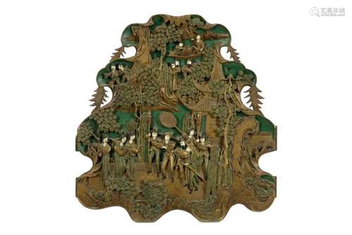 Bas-relief chinois en bois polychrome avec au rect