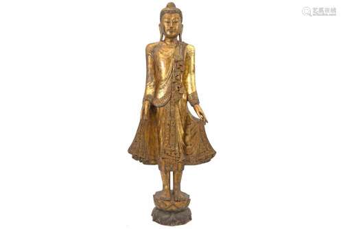 Grande sculpture en bois "Bouddha debout" d'époque