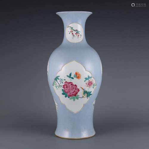 Sky blue glaze consecrated famille rose vase with flower and...