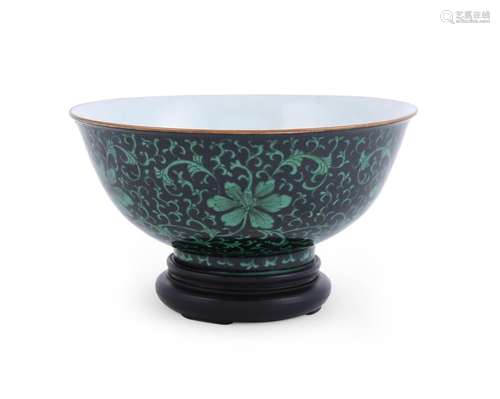 A Chinese black-ground green-enamelled \'Lotus\' bowl