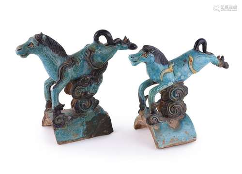 Two Chinese turquoise glazed roof ridge-tiles depicting hors...