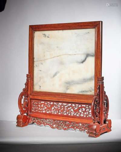 Y A large Chinese huanghuali and marble inset table screen