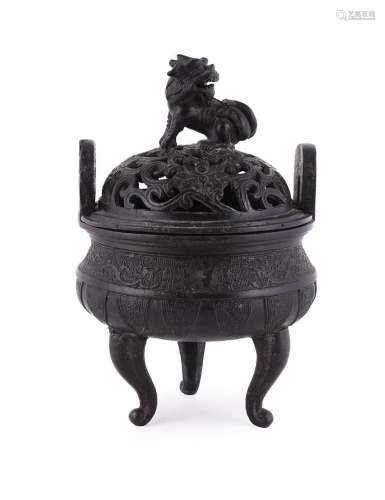 A Chinese bronze archaistic two-handled tripod censer and co...