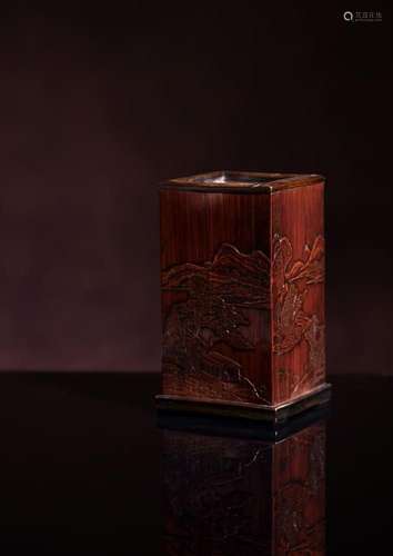 A rare Chinese bamboo veneered square brush pot