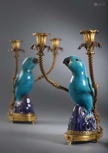 An attractive pair of Chinese ormolu mounted biscuit porcela...