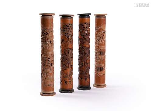 A group of four bamboo scroll cases