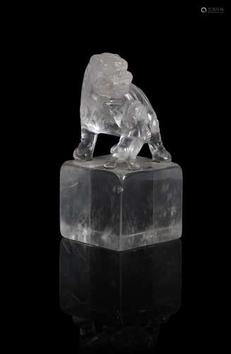 A Chinese rock crystal uncut Buddhistic \'lion and cub\' sea...