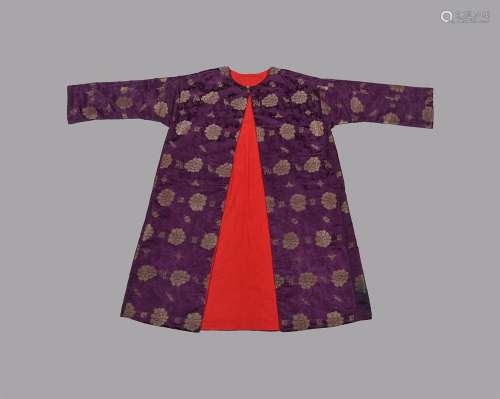 A Chinese purple-ground damask woman\'s informal surcoat