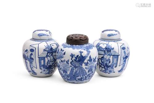 A pair of Chinese blue and white ginger jars and covers