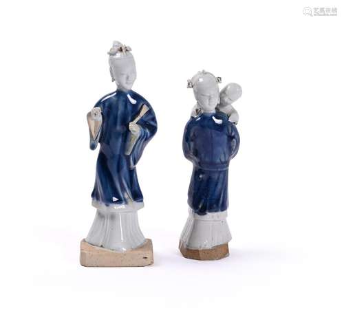 Two Chinese biscuit blue-glazed figures