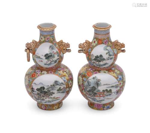 A pair of Chinese Millefleur and landscape vases