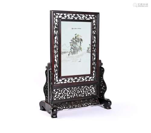 A Chinese enamelled porcelain panel and stand