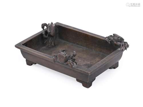 A small Japanese bronze rectangular \'crab\' jardinière