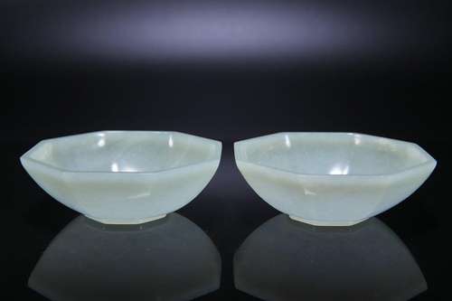 A Pair of Old Hetian Jade Hexagonal Bowls