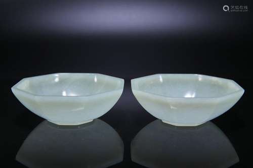 A Pair of Old Hetian Jade Hexagonal Bowls